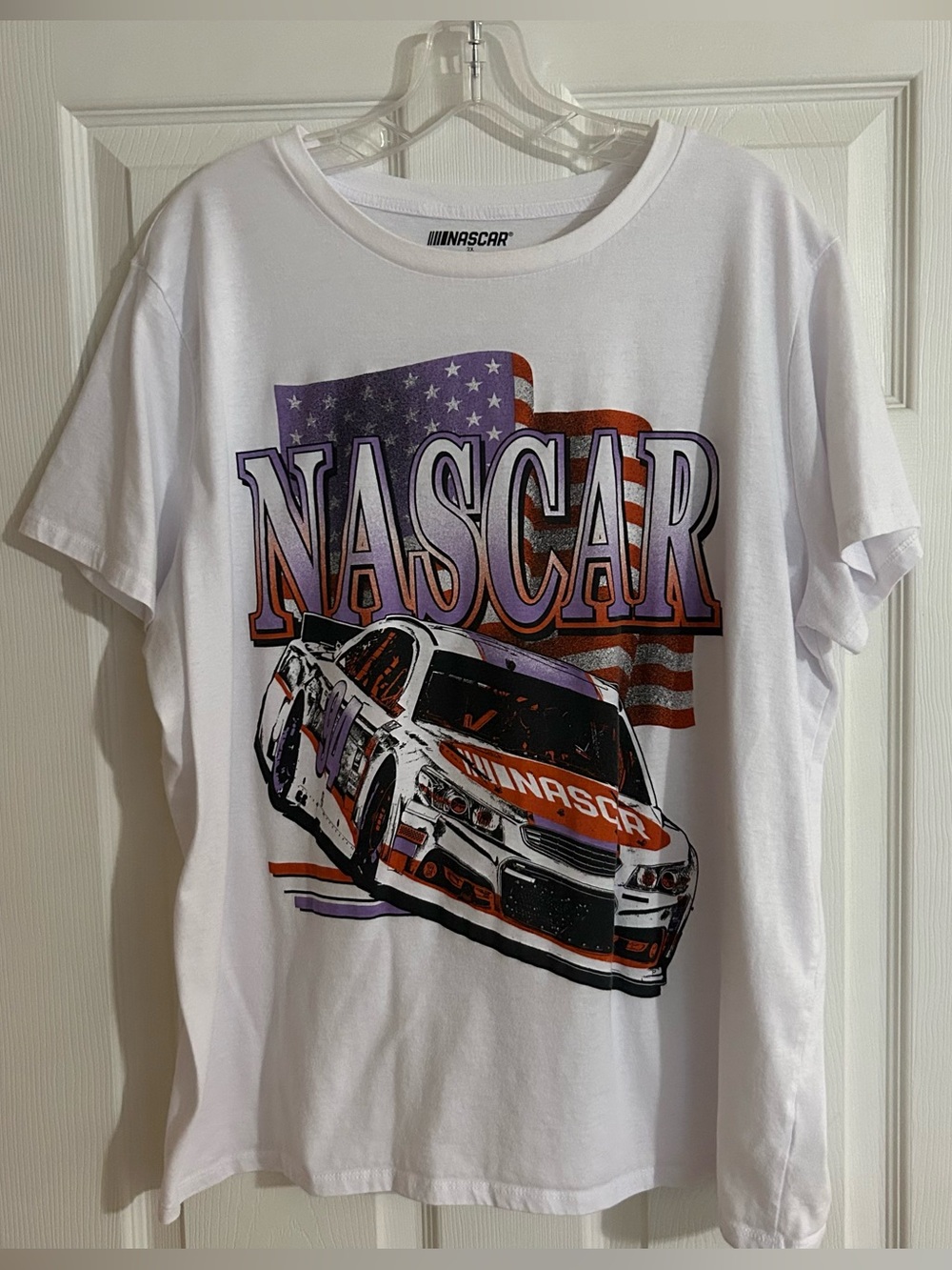 Nascar White Tee with Red and Purple Racing Car Graphic